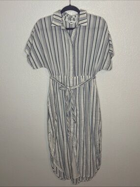 Olia White With Blue Stripes Gauze Cotton Button Down Shirt Dress Size Small